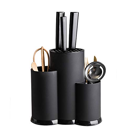 3-in-1 Kitchen Utensil Holder Set with Knife Block without Knives, Large Kitchen Tools Flatware Holder Organized Utensil Drying Cylinder, Black