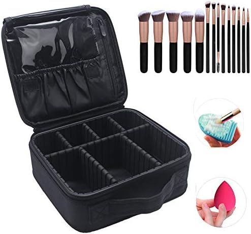 Makeup Case Cosmetic Bag Travel Makeup Train Case Black with 14 Pcs Premium Makeup Brushes Set Kit Rose Golden, Blender Sponge and Brush Egg Gift Set (17 Pcs) (Black Pro)