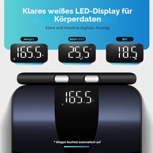 Körperfettwaage, Personenwaage Digitale 8 Elektroden für Körpergewicht und Körperfettanteil, BMI und 28 Körpermesswerte, Großer Plattform Intelligente Badezimmerwaage mit LED-Display