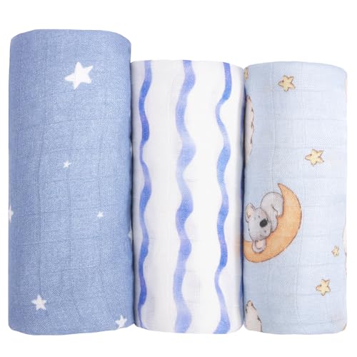 hahaland 100% Natural Bamboo Muslin Baby Blanket Set with 1 Piece 120 x 120 cm and 2 Pieces 100 x 95 cm – Soft and Absorbent Swaddle for Babies