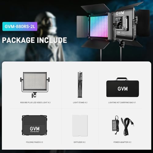 GVM LED Video Light with Tripod, 880RS 60W RGB Studio Light Video Light Panel 3200K-5600K 11200Lux/0.5 m Photography Continuous Light for YouTube Studio Film Light Streaming, 18 Light Effect, App Control, CRI97+