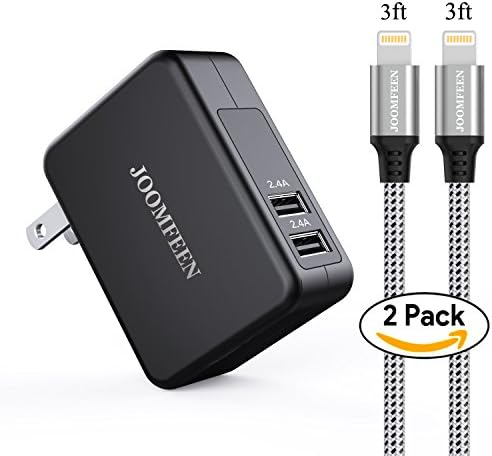 iPhone Wall Charger, JOOMFEEN 4.8A 24W Dual Port USB Wall Charger Travel Adapter Power Plug with Braided Lightning Cable[2-PACK] 3ft USB Data Cable Cord for iPhone X/8/7/7 Plus/6S/6/Plus iPad-black