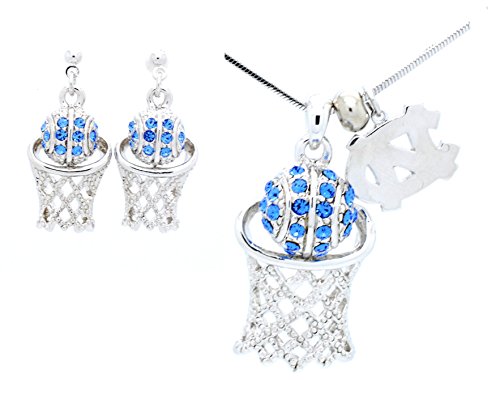 CRYSTAL BASKETBALL HOOP NECKLACE & EARRING SET - BASKETBALL SET - LARGE - NORTH CAROLINA TARHEELS POST