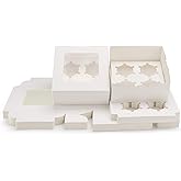 50 pcs 6.4" x 6.3" Kraft Cupcake Boxes, Food Grade White Color Cupcake Carrier with Insert and Display Window Fits 4 Cupcakes