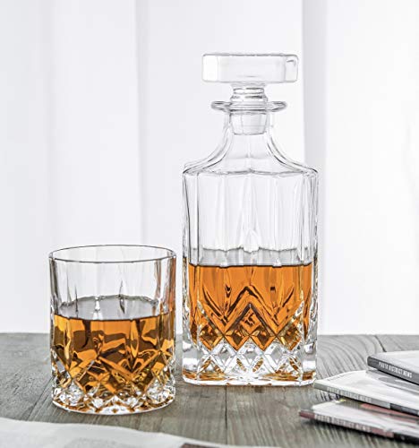 Whiskey Decanter Set - Perfect for Whiskey, Wine, or Liquor - Includes a (Lead-Free) 700 Milliliter Decanter with 4 Matching Glasses