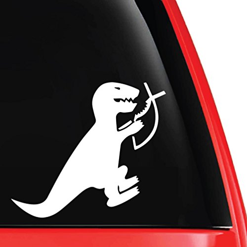 T-Rex Eating Christian Fish Parody Symbol Decal Vinyl Car Laptop Sticker - EvolveFISH - White 5" x 5.5"