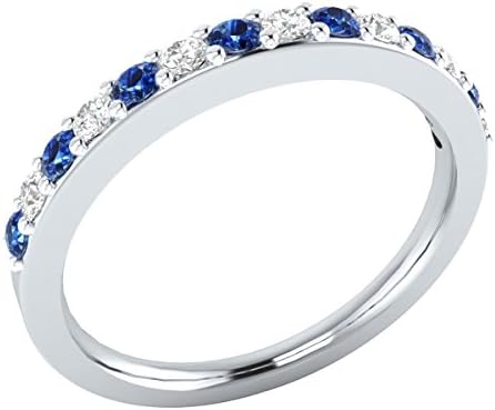 Star Retail 14k White Gold Plated 0.45 ct Created Blue Sapphire Round &amp; Lab Created Diamond Alloy Solid Half Eternity Wedding Band Ring For Women's