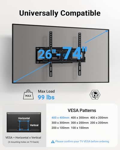 Pipishell TV Wall Mount for 26-74 inch Flat Curved LED LCD Screen TVs up to 45 kg, Full Motion TV Mount Bracket Articulating Swivel Extension Tilting Leveling, Max VESA 400x400mm, PIMFK1