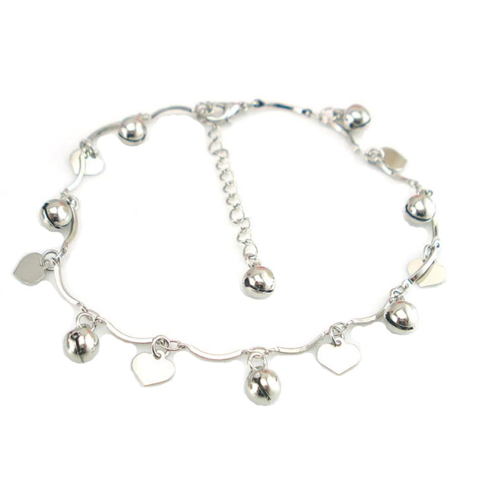 Boowhol Unisex Adjustable Anklet Bracelet with Heart Bell Pendant 925 Sterling Silver, 22 centimeters, Sterling Silver, Without Stone