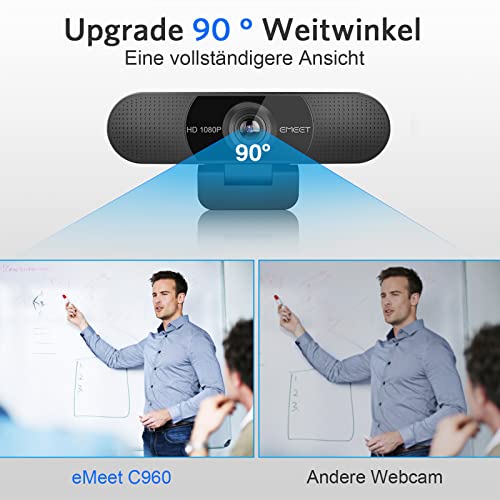 eMeet Full HD Webcam - C960 1080P Webcam with Lens Cover & Dual Microphone, 90° Streaming Camera with Auto Light Correction, Plug & Play, for Linux, Win10, Mac OS X, YouTube, Conferences