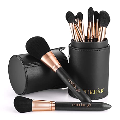OMANIAC® Pennelli Make Up, 12Pcs Set di Pennelli da Trucco Professionali con Porta Pennelli Trucco, Adatta per Blush, Fondotinta, Correttore, Ombretto