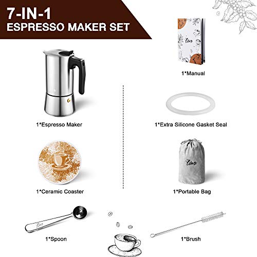 Espressokocher Induktion geeignet Edelstahl Mokkakanne 300ml/ 6 Tassen Espresso Maker Set mit Ersatz-Dichtung Untersetzer Löffel Bürste und Tasche – Bild 6