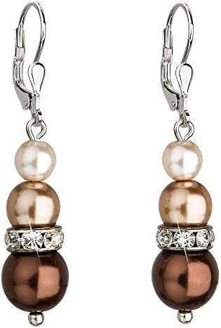 Sterling Silver Dangle Earrings with Swarovski Elements Crystals Simulated Pearl Beads - Brown