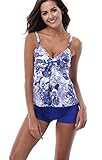 Attraco Women's High Waist Floral Tankini Set Two Piece Swimsuit Blue 14