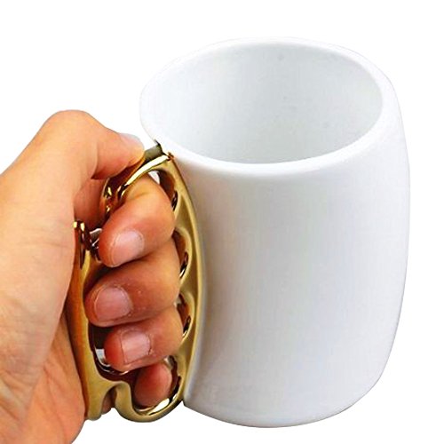 Funny Coffee Mug,Brass Knuckle Duster Creative Ceramic Cool White Mugs with Golden Handle