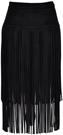 Get the Looks Tiered Fringe Suede Straight Midi Skirt (8, Black)