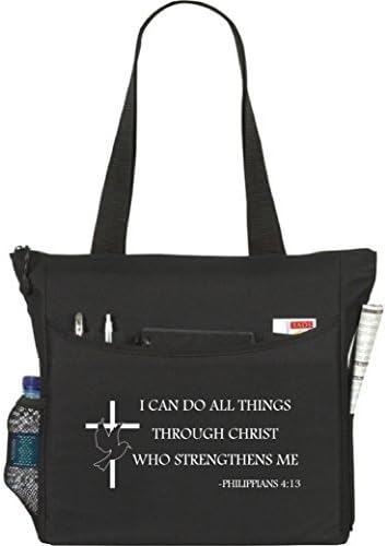 Philippians 4:13 I Can Do All Things Through Christ Tote Bag Christian Dove Cross Bible Cover Verse Church Office School Travel Gym Book Organizer - White Black by Christian Crafts