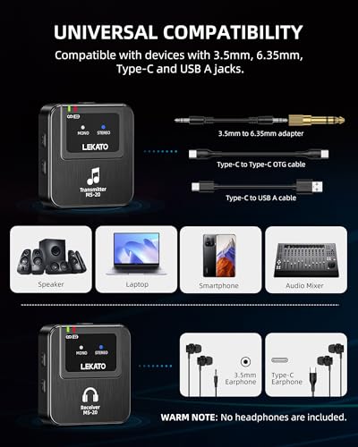 Lekato Professional 2.4G Stereo IEM Wireless Monitoring System with Transmitter and Receiver, OTG, Suitable for Tape Samples, Live Performances (1TX+1RX)