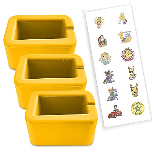 BPA-Free Car Seat Belt Buckle Booster Yellow (Size: Short, Model: Wrap-Around) - Snaps Around Receptacle - Gift Fun Kid Safety Stickers - Raises and Stabilizes Your Receiver (3-Pack)