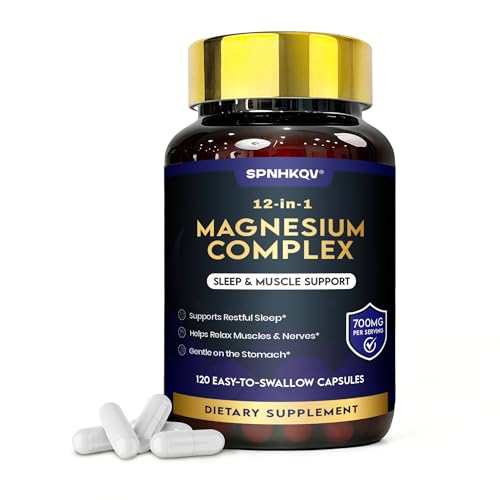 Spnhkov Suplemento Complejo de Magnesio 12 en 1 Spnhkqv: Cápsulas de Glicinato de Magnesio de Alta Absorción de 700 Mg para Mujeres y Hombres, Que Favorecen los Músculos, Los Nervios y el Sueño.