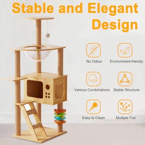 Gluckluz Cat Tree House Tower Sisal Rope Scratching Post Pet Climber Scratcher Condo with Interactive Toy for Adult Cat Kitten Indoor Play Sleeping Activity (Beige)