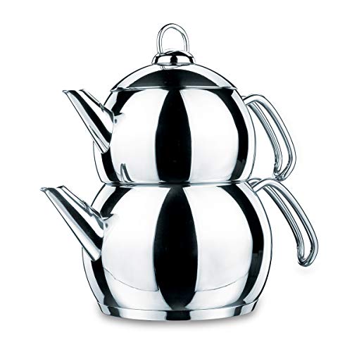 Tee Koch Set Korkmaz A104 Tombik/2 Liter und 1,1 Liter/spezieller 3-Schicht Kapselboden (140mm)/ Teekocher/Teekanne/Caydanlik/FamiliengröÃe Aile Boyu/Edelstahl Rostfrei 18/10 Cr-Ni/
