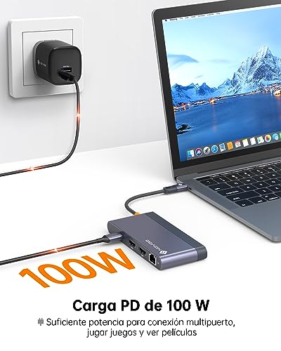 Dual Monitor Laptop Docking Station - 8 in 1 USB C Multiport Adapter with 2 HDMI 4K 60Hz, 1Gbps Ethernet, 100W PD, 2 USB 3.2, SD TF Card Reader Compatible with MacBook/DELL/HP/Lenovo