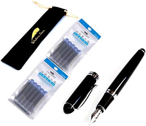 Writers Pens Jinhao X750 Black Fountain Pen Set - Black Velvet Sleeve, 10 Blue Ink Cartridges - Medium Nib, Black Barrel with Silver Color Trims, Removable Ink Converter