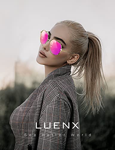 LUENX Women Sunglasses Polygon Square Polarized Round - Gold Frame and Temple Mirrored Driving uv 400 Protection with case 58 MM(Rose Red)