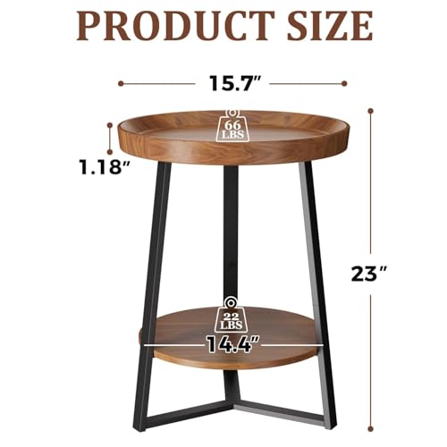 Gadroad Round End Table with Storage Shelf, 2 Tier Farmhouse Circle Side Table Nightstand for Living Room, Bedroom, Wood Tabletop & Black Metal Frame (15.7 * 15.7 * 23 inches, Cherry Wood Grain)