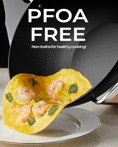 Armorbear 34cm Carbon Steel Wok Pan, Tripol Nitrided, Pre-seasoned Flat Bottom Wok, Non-Stick Japanese Wok with Glass Lid for All Stove Tops