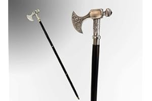 PIRU Walking Cane for Men Solid Pewter Bavarian Axe Handle Chrome Hardwood Cane Walking Stick Warrior Gift