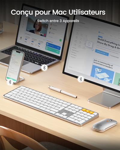 ProtoArc KM100-A Wireless Keyboard Mouse Mac Retro Illuminated, AZERTY Bluetooth Keyboard and Mouse Set, Flat White Multi-Device Keyboard for MacBook Pro, MacBook Air, iPhone, iPad