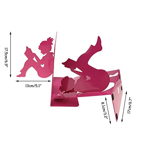 3D Paper-cut Little Girl Is Reading Pattern Metal Bookends Book Ends For Kids Teenagers Teachers Students Adults Study Home School Library Office Decoration (Pink)