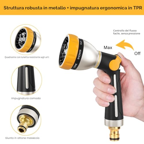 FANHAO Garden Spray Gun, 100% Heavy Duty Metal Spray Nozzle Thumb Operated High Pressure Water Nozzle with 8 Modes for Watering Plants Car Wash