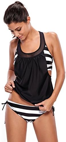 Amady Women Sexy Striped Swimsuit Black White Polka Dot Tankini Swimsuit