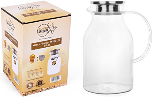 Glass Pitcher With Lid By Golden Spoon: Durable 68oz Glass Carafe With Airtight Cap - MicrowavFreezer Safe Borosilicate Glass For Hot And Cold Liquids - Comes With 2 Stirrers And A Strainer (68 oz)
