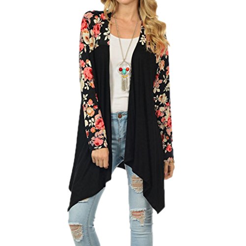 image for Funic Women Boho Floral Print Long Sleeve Casual Loose Kimono Cardigan