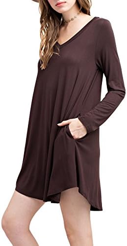 Women's ULTRA SOFT BAMBOO Long-Sleeve V-Neck Swing Dress w/ Pockets (Large, Chocolate)