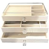 PHILOPACK Acrylic Jewelry Organizer Box with 3 Drawers Stackable Velvet Jewelry Display Case Holder for Earrings Ring Bracelet Necklace (Acrylic Box Beige)