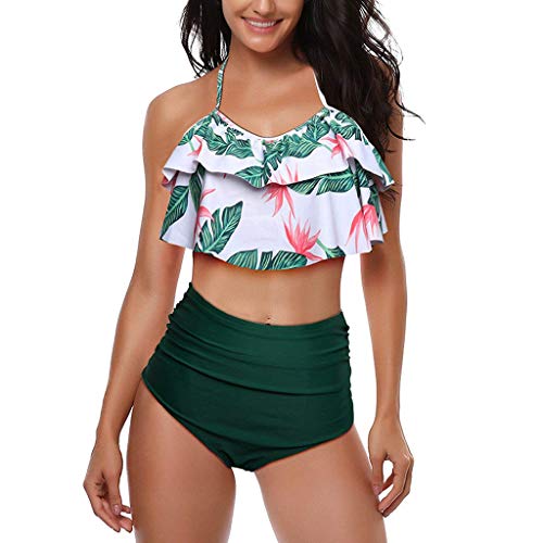 iYBUIA Sexy Leaf Print Twist Front High Wasit Bikini Set 2 Piece Bra Beach Swimsuit Green