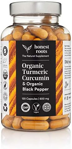 Organic Turmeric Curcumin with Black Pepper Supplement: For Joint Pain Relief, Brain Boost, Healthy Digestion, Improve Hair, Skin and Heart - Made In The UK (600mg, 120 Vegan Capsules) by Honest Roots