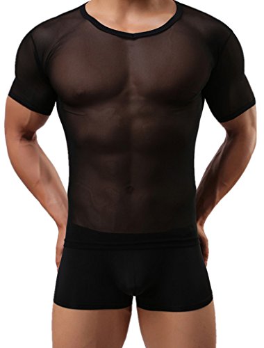 WINDAY Men's Sexy Underwear T-Shirt Long Sleeve Mesh Top Undershirt Nightwear