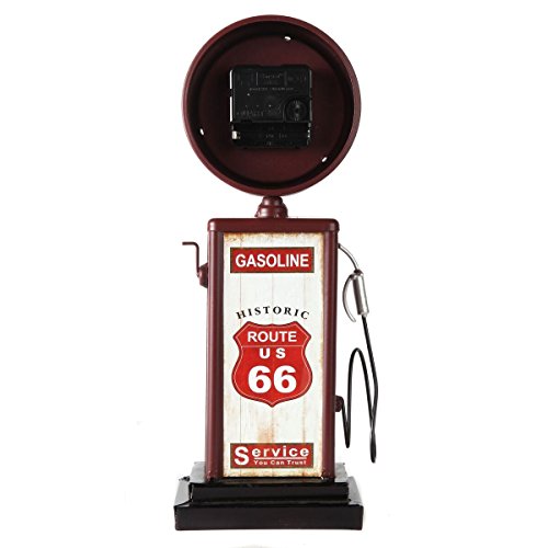 Lily's Home Old Fashioned Route 66 Gas Pump Mantle Clock, Silent-Non-Ticking with Quartz Movement, Makes an Ideal Gift for Antique Sign Collectors, Brown/Red (13 1/2