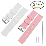 Rubber Watch Band Pack of 2 - 18mm 20mm 22mm Silicone Quick Release Watch Strap Stainless Steel Buckle (White+Pink, 18mm)