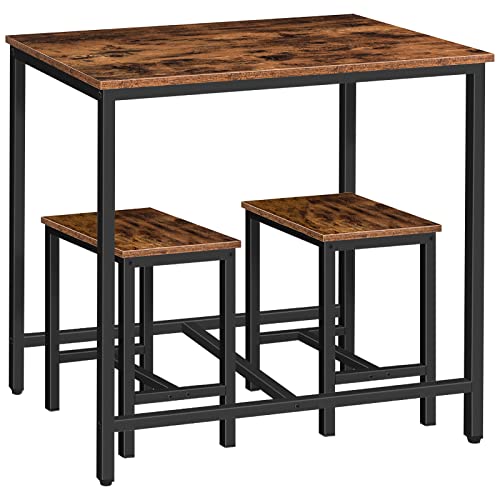 HOOBRO 3-Piece Bar Table Set, 80cm Rectangular Counter Height Pub Table with 2 Stools, Rusitc Brown Small Dining Table with Black Metal Frame, ‌Space-saving Kitchen Breakfast Table Set for Dining Room