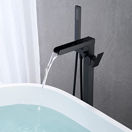 Wowkk Waterfall Tub Filler Freestanding Bathtub Faucet Black Floor