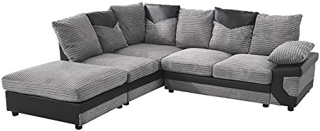 MissSnower Faux Leather & Fabric Corner Sofa Settee in Black & Grey A Large Footstool - Left Right Hand Side