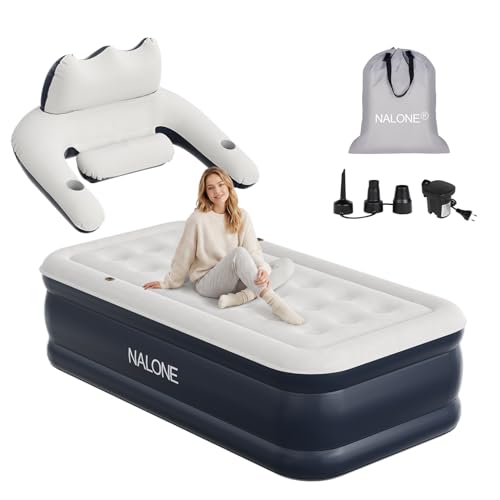 NALONE 1 Seater Inflatable Mattress with Integrated Pump, 190 x 100 x 45 cm | Self-inflating inflatable bed with built-in backrest, ideal for camping and home, comfortable for visitors and easy to store