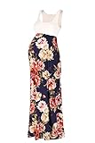 Beachcoco Women's Maternity Sleeveless Maxi Empire Waist Flower Printed Tank Dress (L, Navy flower)